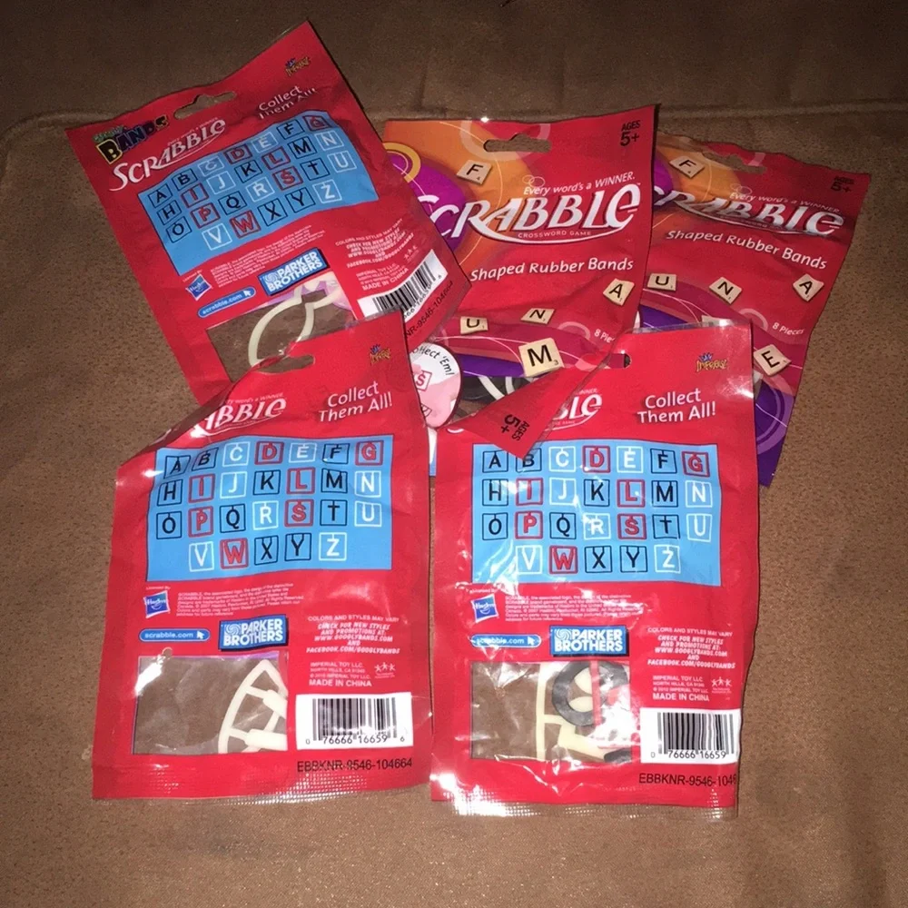 Googly Scrabble Shaped Rubber Band Bracelets 5 packs of 8 each NEW Sealed RARE